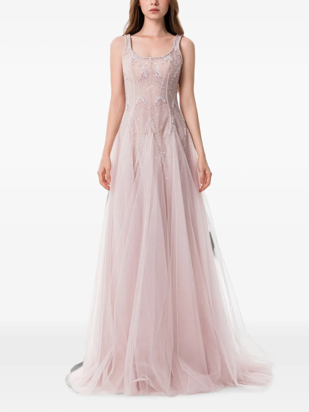 Dina Melwani Crystal-embellished Tulle Maxi Dress In Pink