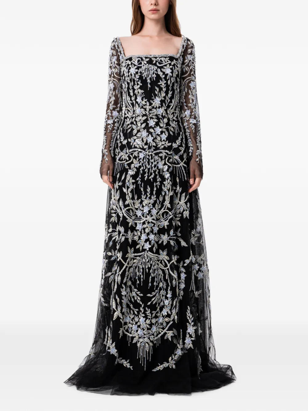 Dina Melwani Filigree-embellished Tulle Maxi Dress In Black