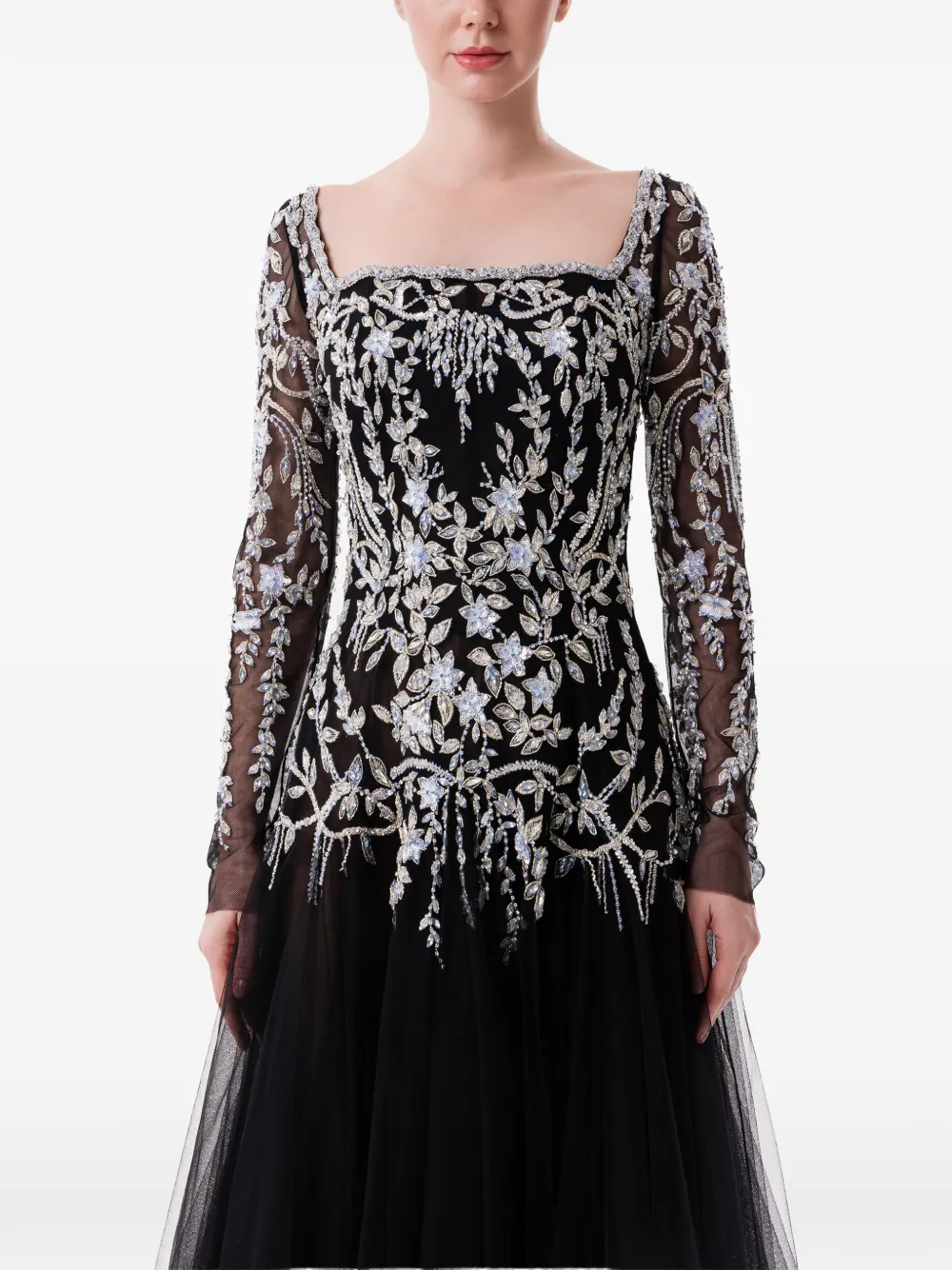Dina Melwani filigree-embellished tulle maxi dress