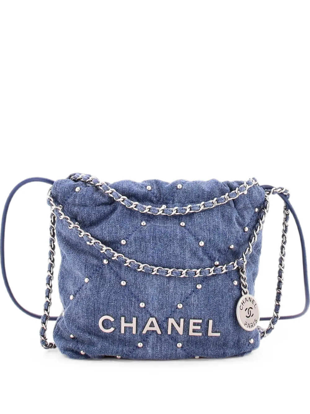CHANEL Pre-Owned 22 Chain Quilted Studded Denim Mini hobo bag - Blu