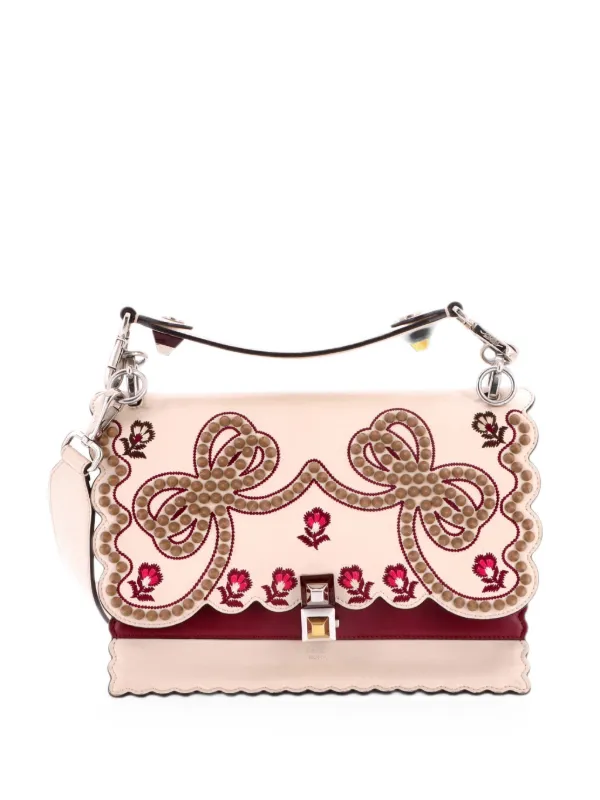 Fendi Pre-owned Kan I Bag Embroidered Studded Leather Medium Shoulder Bag in Neutrals