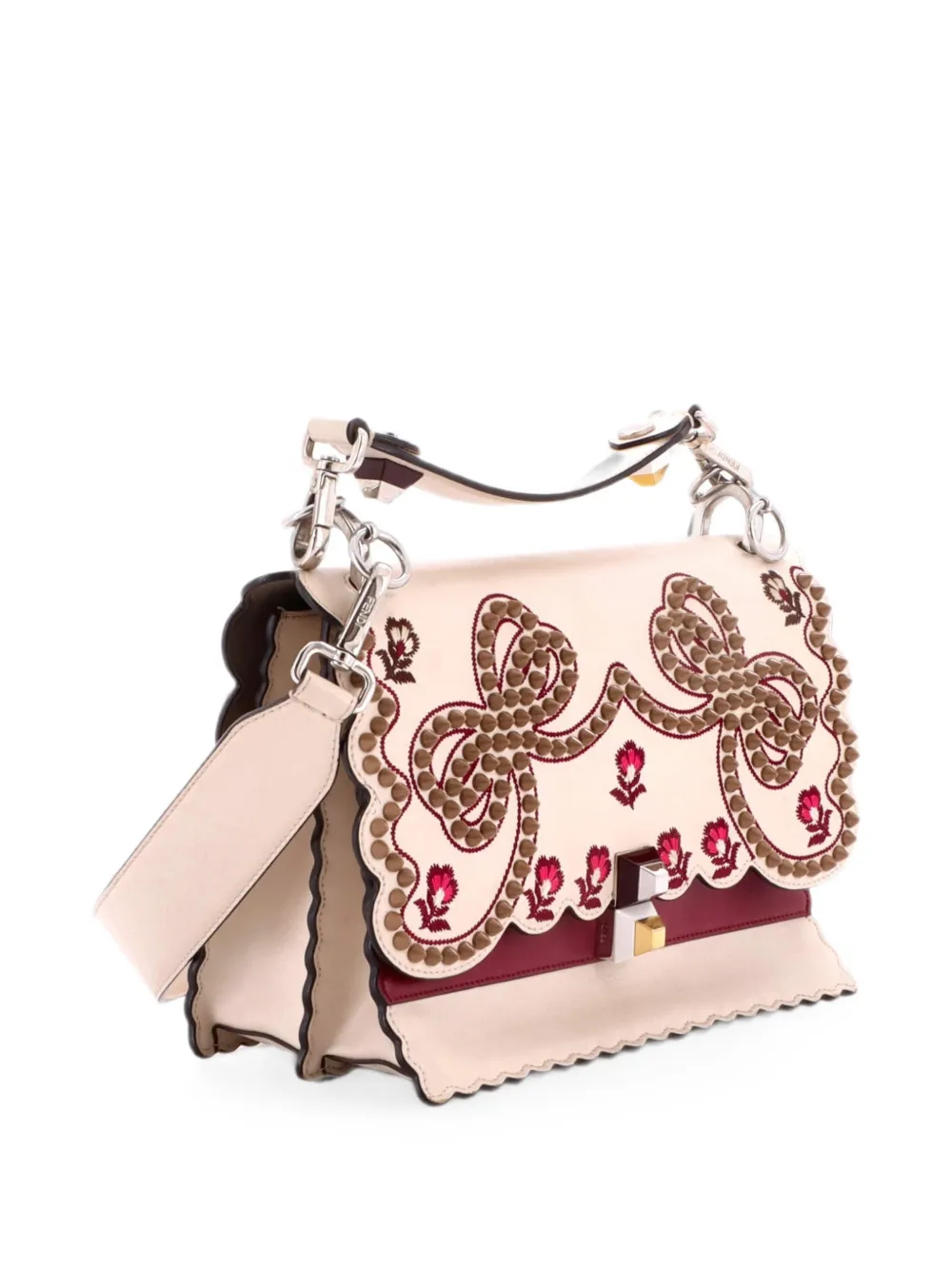 Fendi Pre-owned Kan I Bag Embroidered Studded Leather Medium Shoulder Bag in Neutrals, view 3