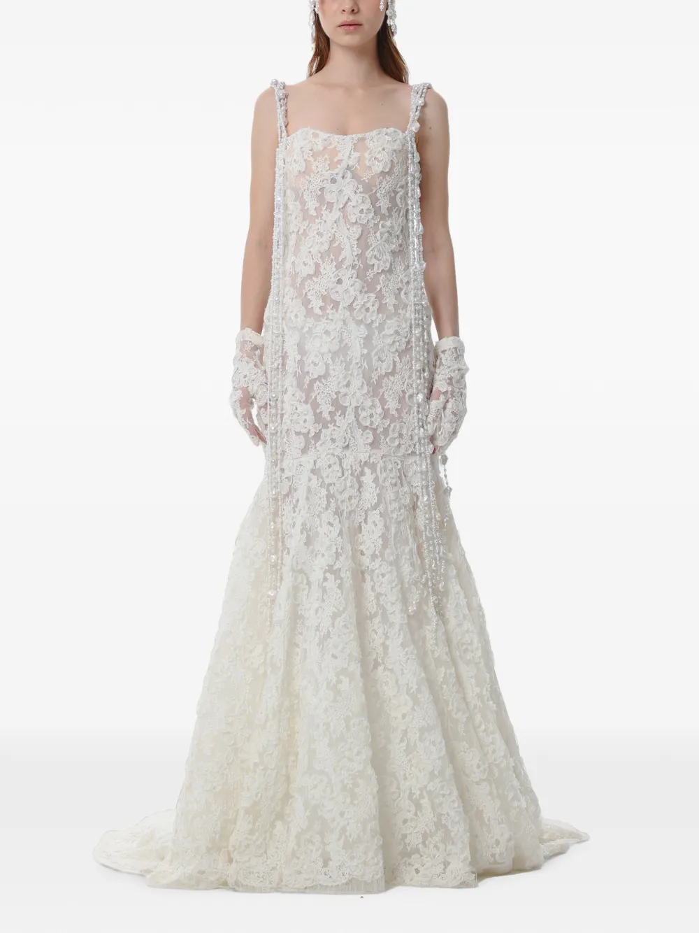 Dina Melwani pearl-embellished lace maxi dress - Neutrals