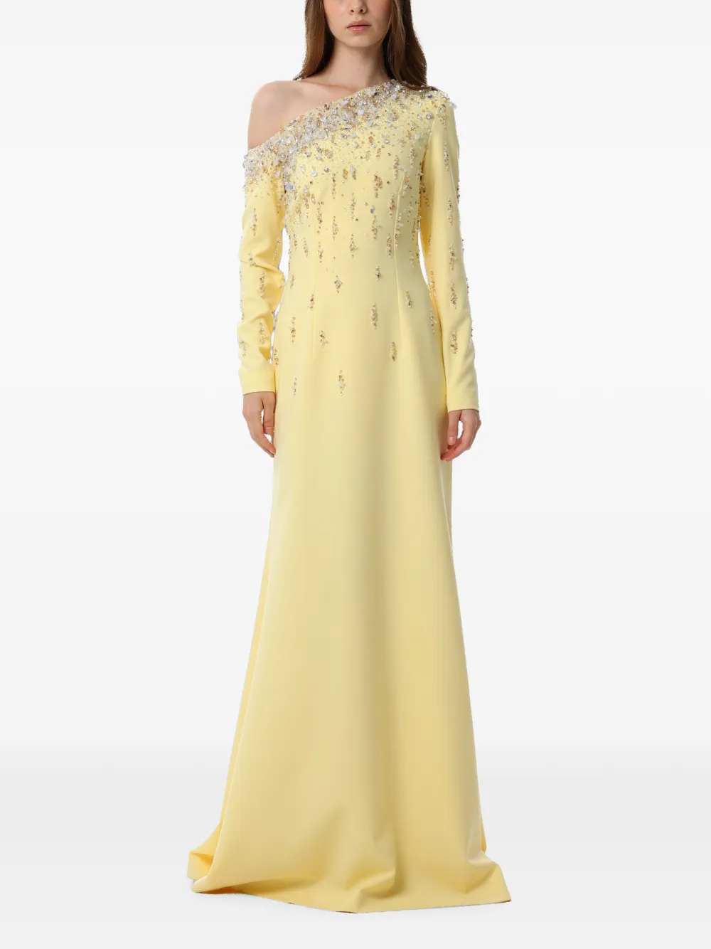 Dina Melwani crystal-embellished one-shoulder maxi gown