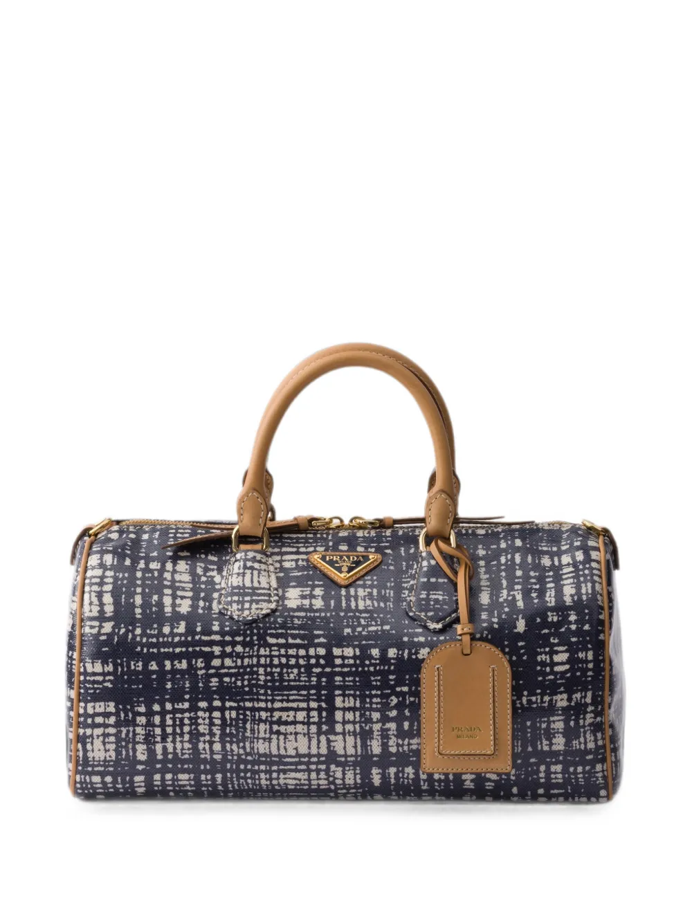 Prada medium linen blend and leather top-handle bag - Blu