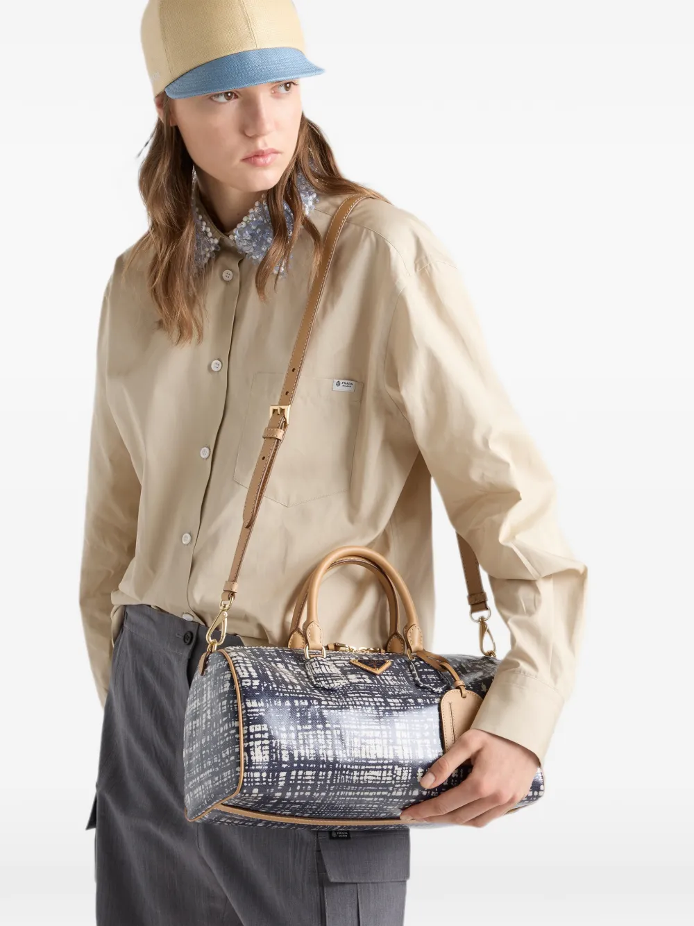 Prada Medium leren en linnenblend handtas Blauw