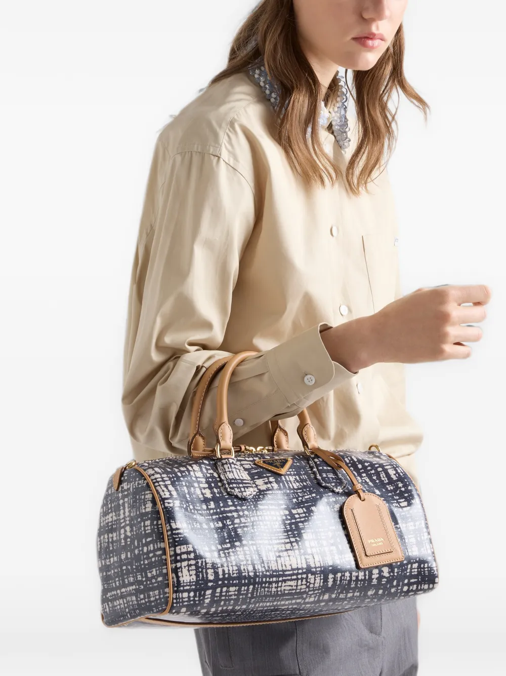 Prada Medium leren en linnenblend handtas Blauw
