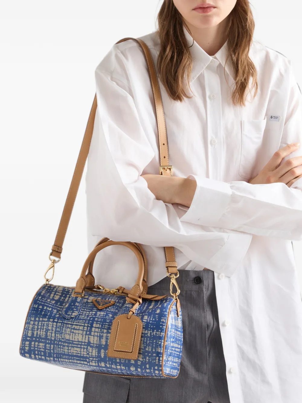 Prada Kleine leren en linnenblend handtas Blauw