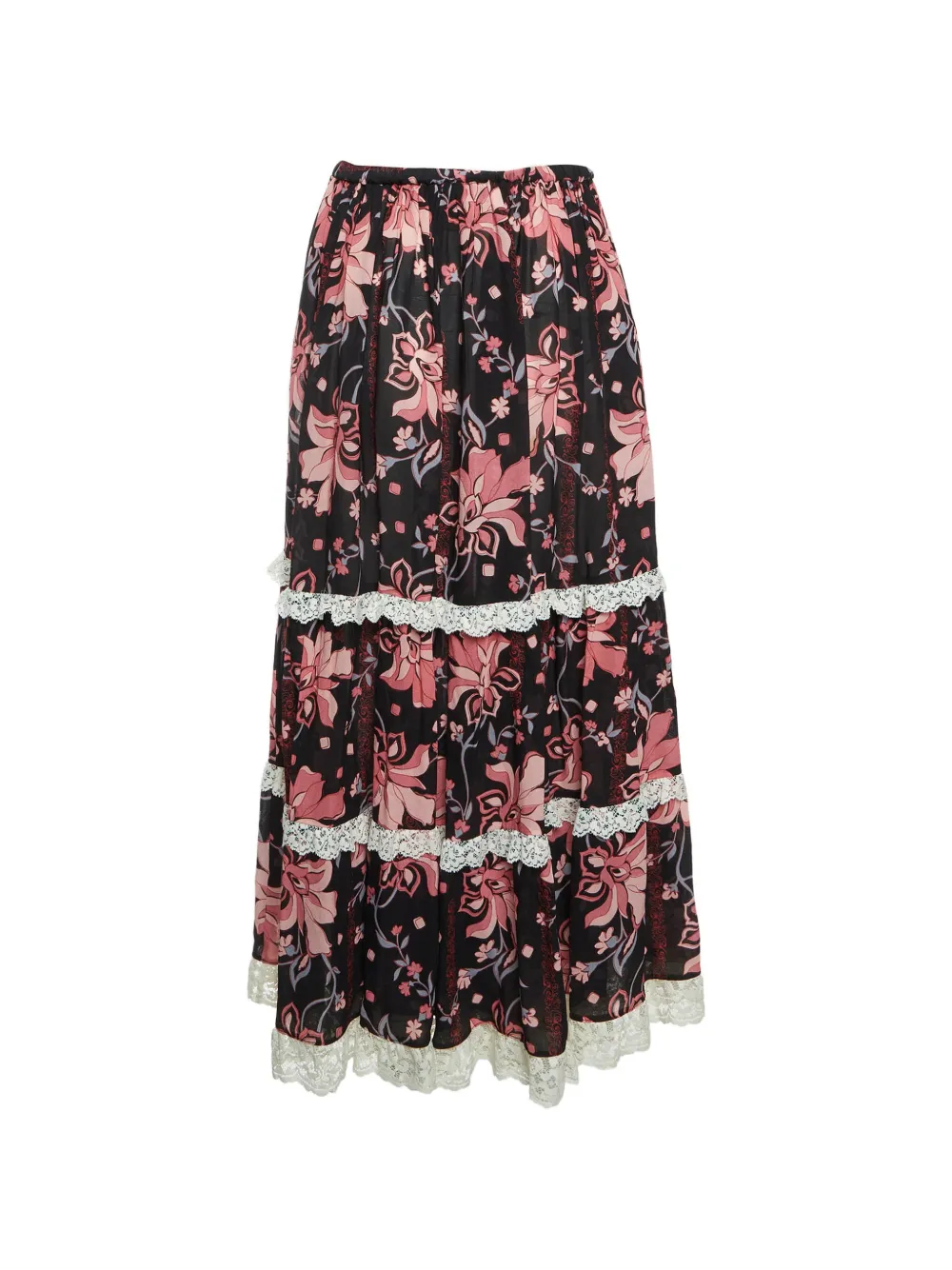 Gucci Pre-Owned floral-print lace-trim midi skirt - Nero