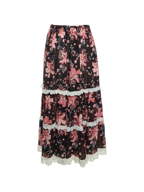 Gucci Pre-Owned floral-print lace-trim Midi Skirt | Black