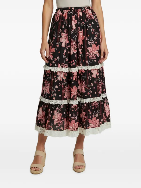 GUCCI●シルク100％●花柄●総柄●フリルスカート●サイズ40● Gucci Pre-Owned floral-print lace-trim Midi Skirt | Black
