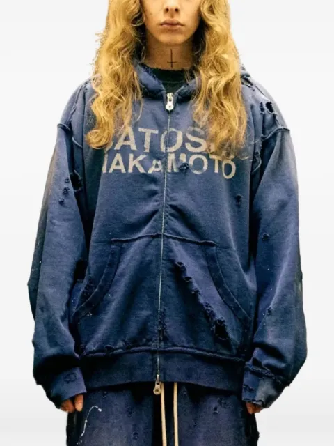 SATOSHI NAKAMOTO logo-print distressed-effect hoodie