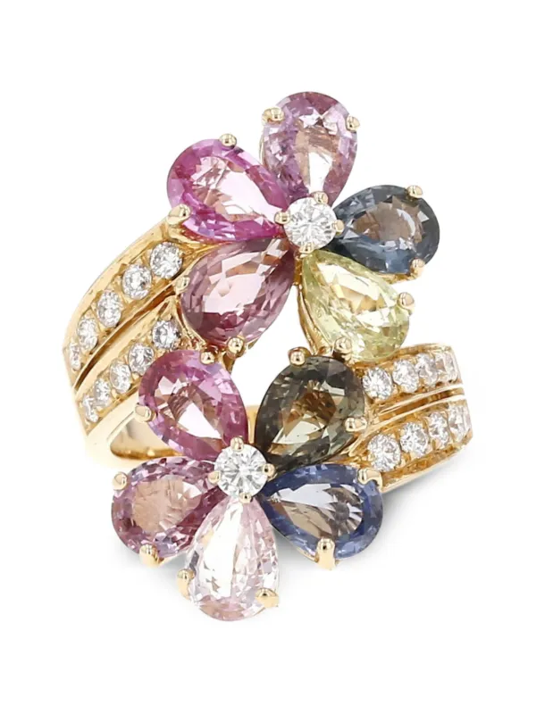 Bvlgari Pre-owned 2000s Flower-motif Diamond and Sapphire Ring in Gold
