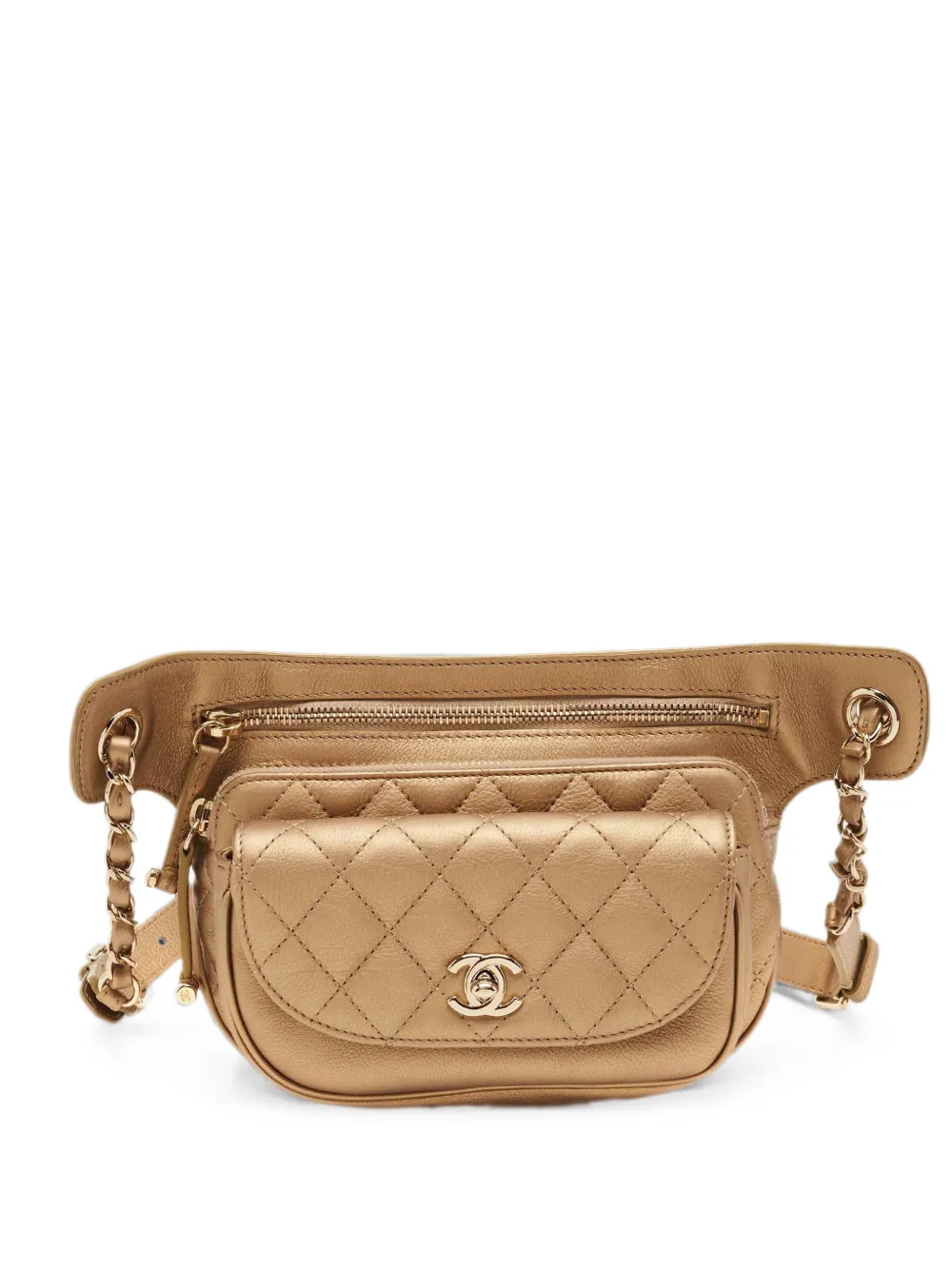 Pre-owned Chanel 2019-2020 Turn-lock Quilted Belt Bag In Gold