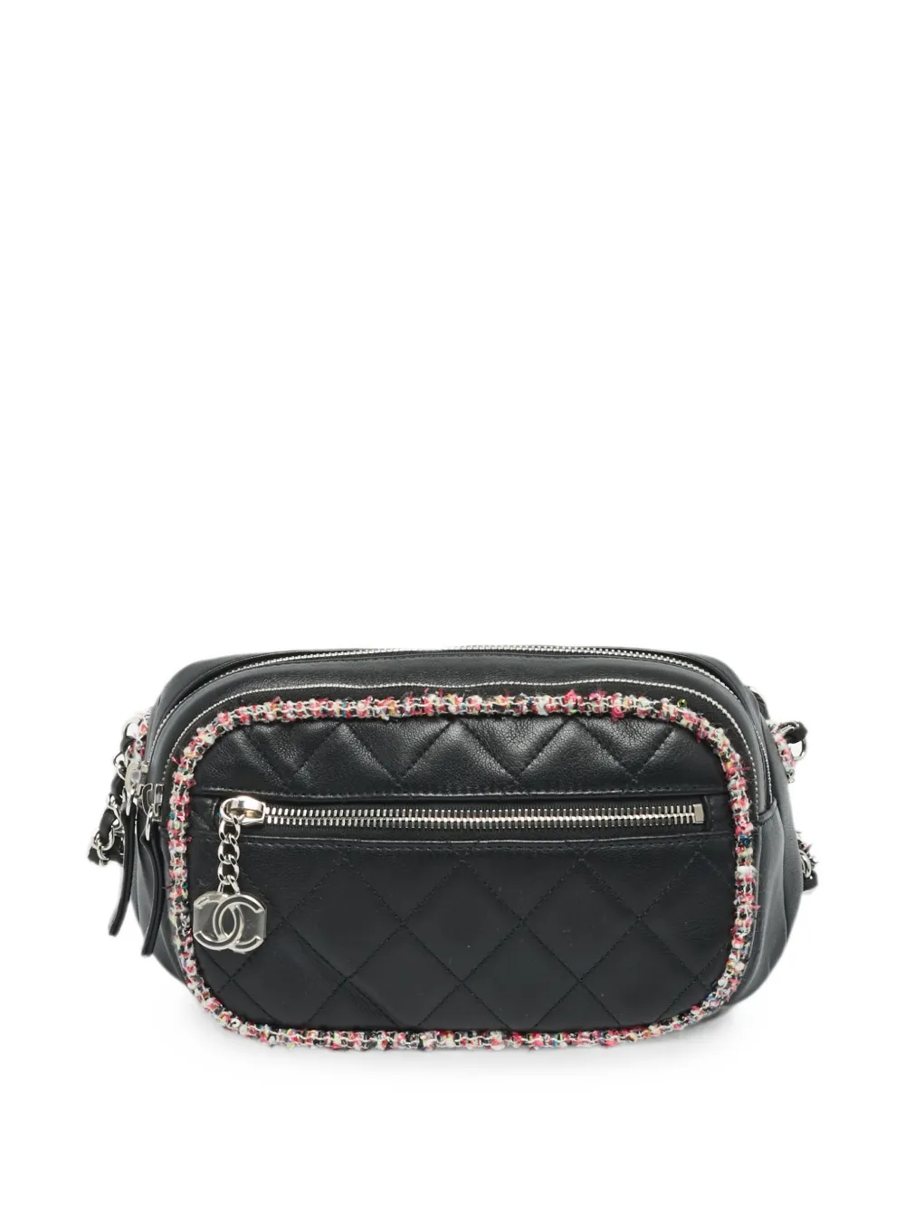 Pre-owned Chanel Quilted Leather Tweed-trim Belt Bag In Black