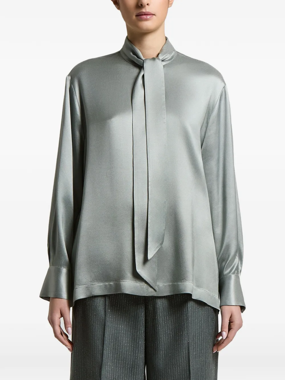 Peserico pussy-bow satin-finish shirt - Green