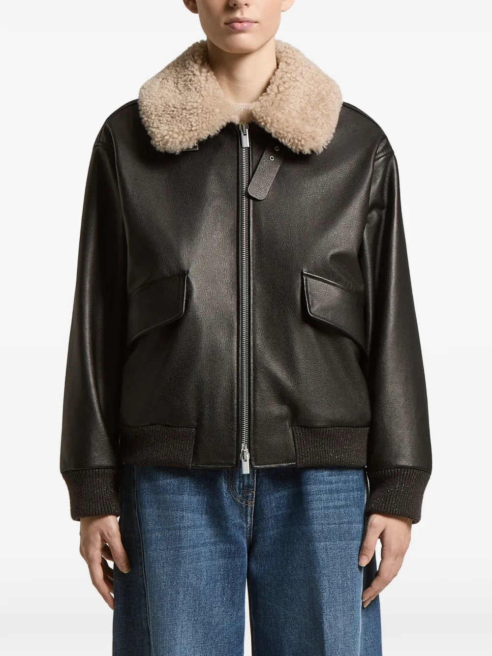 Peserico shearling-collar bomber jacket - Schwarz