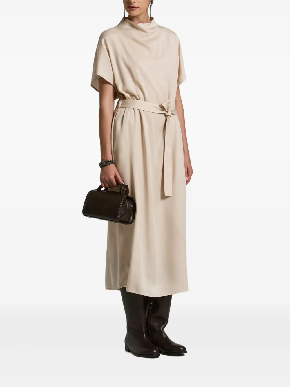 Peserico Midi-jurk met hoge hals en ceintuur Beige