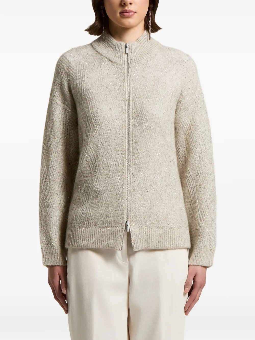 Peserico sequin-embellished chevron-knit cardigan - Neutrals
