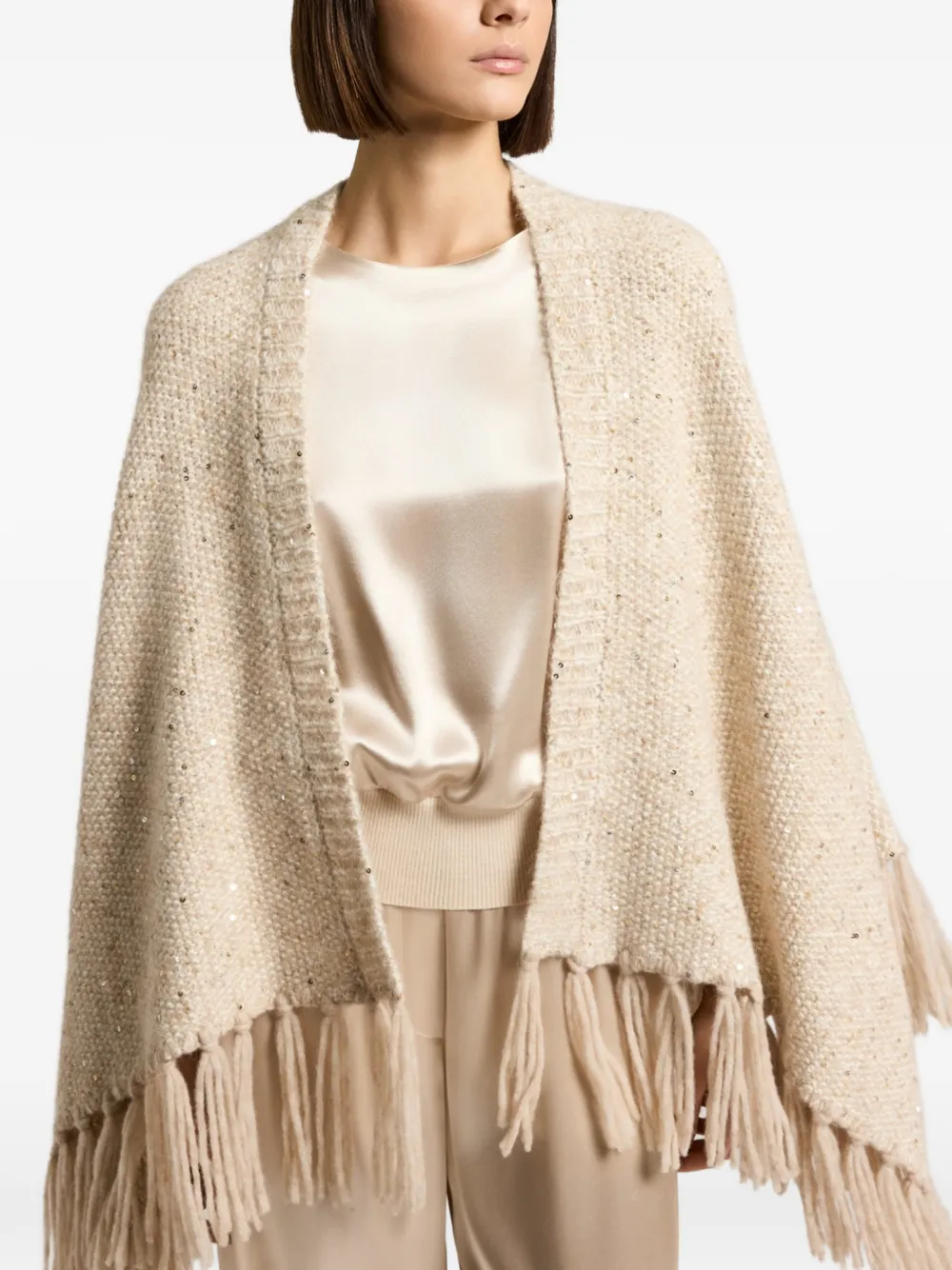 Peserico Cape verfraaid met pailletten en franje Beige