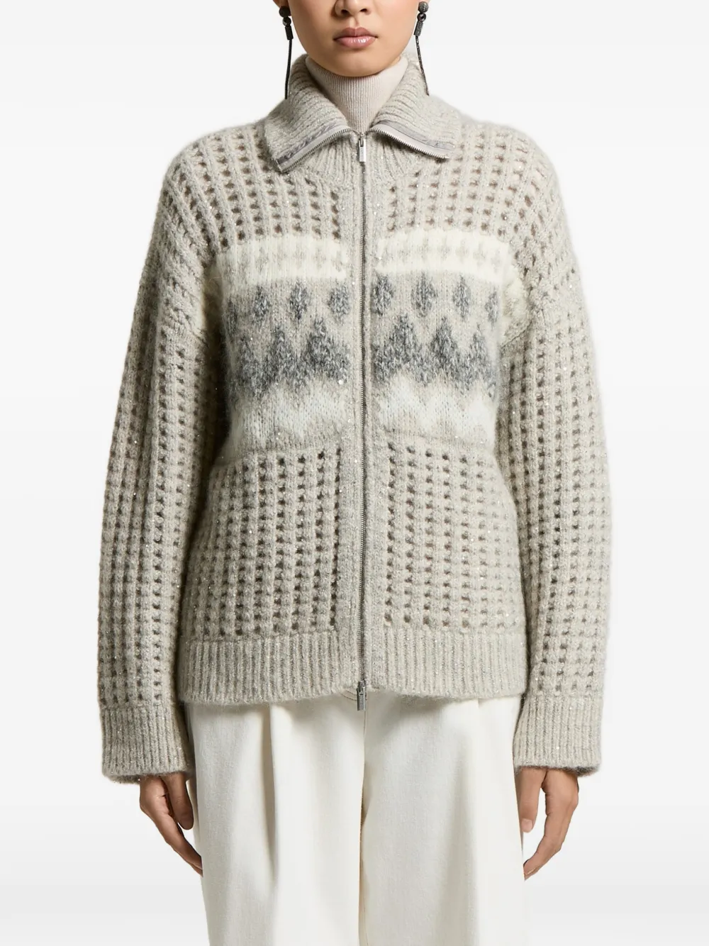 Peserico sequin-embellished jacquard-knit cardigan - Toni neutri