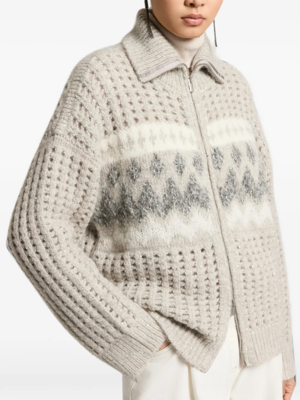 Peserico Gebreid vest verfraaid met pailletten en jacquard Beige