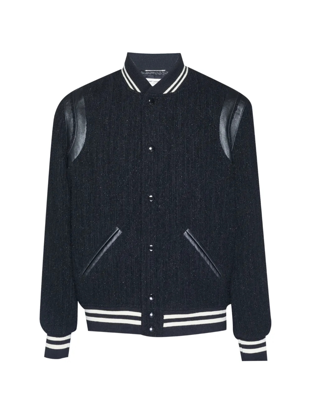 Saint Laurent Pre-Owned leather-trim tweed-texture varsity jacket - Nero