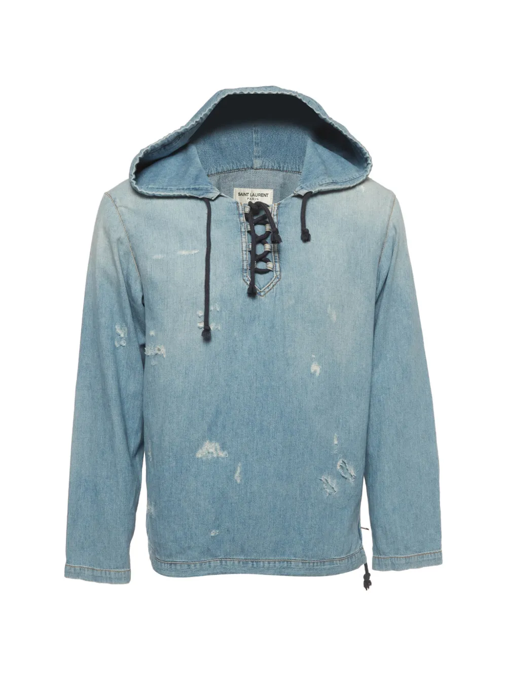 Saint Laurent Pre-Owned distressed lace-up denim hoodie - Blu