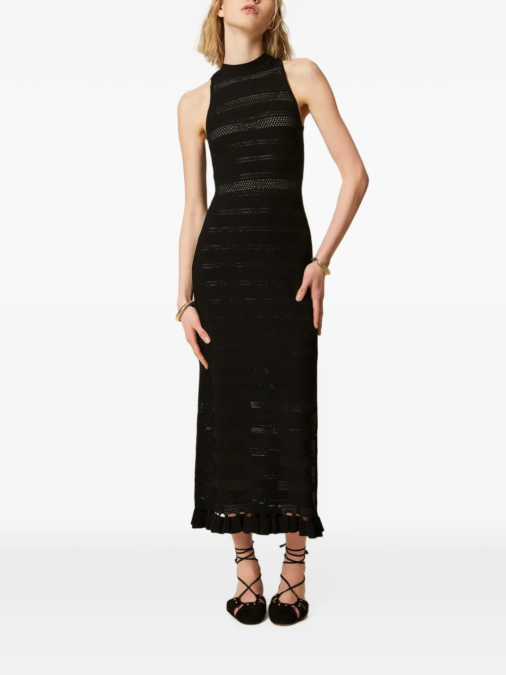 TWINSET Gebreide maxi-jurk met ruches en col Zwart
