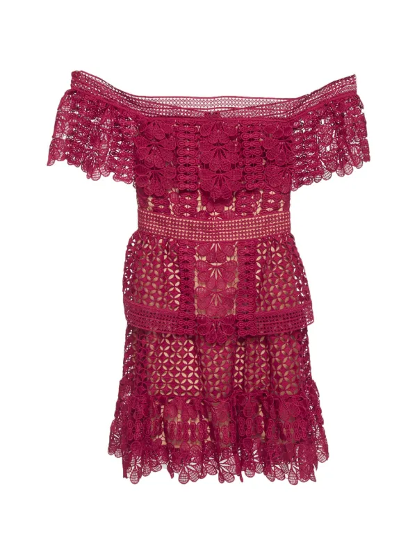 self portrait off the shoulder guipure lace mini dress Self-Portrait Guipure Lace off-shoulder Mini Dress | Red