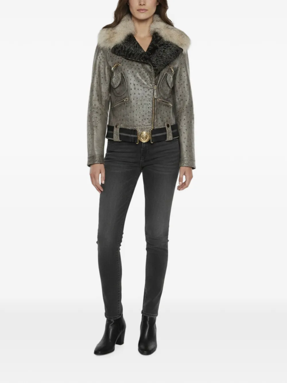 Gucci Pre-Owned fur-collar belted jacket - Grau