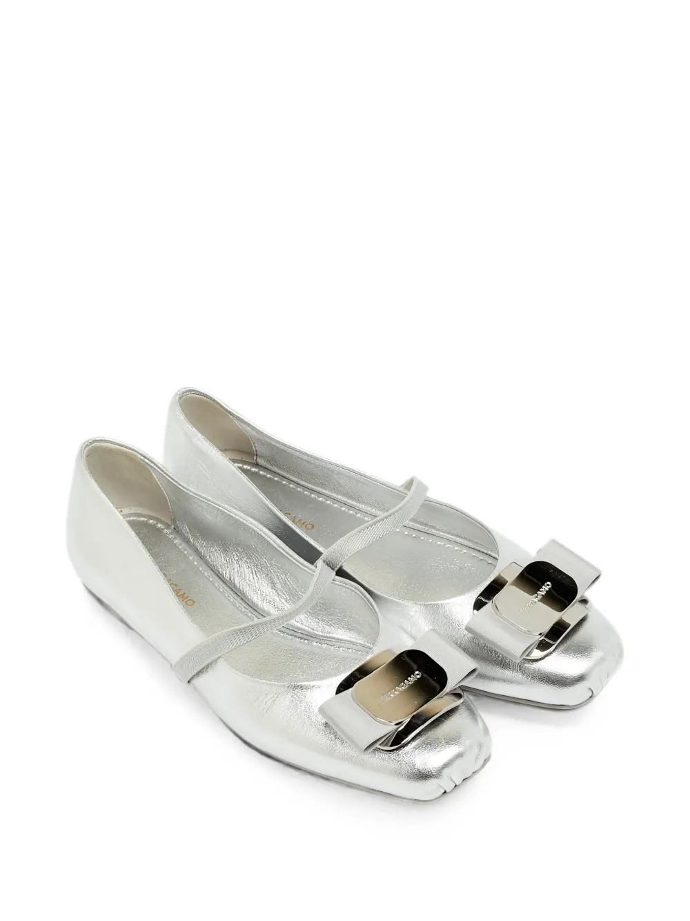 Pre-owned Ferragamo Vara Bow Ballet Flats In Silver