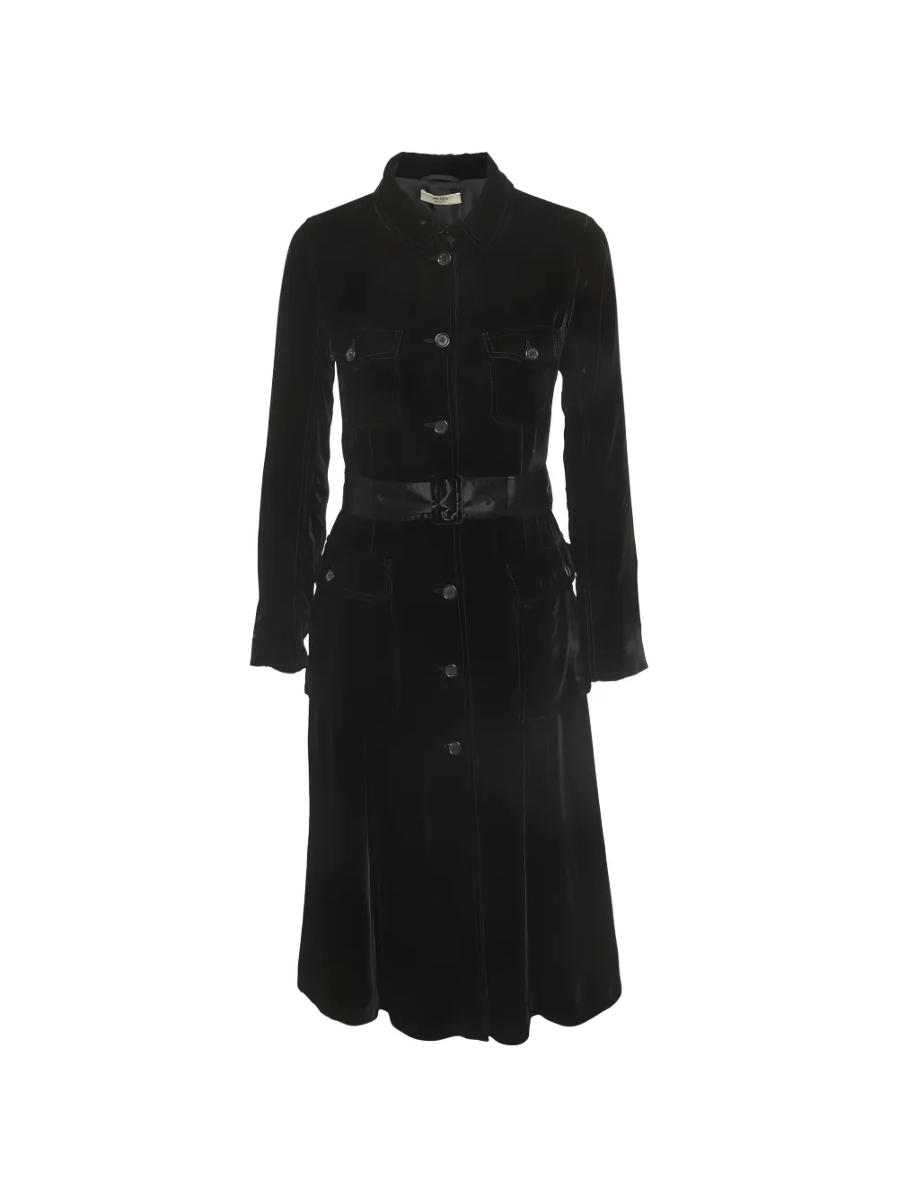 Pre-owned Prada Belted Velvet Midi Dress In Black