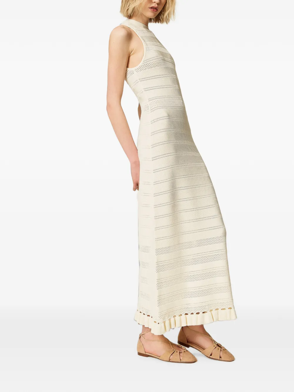 TWINSET Gebreide maxi-jurk met ruches en col Beige