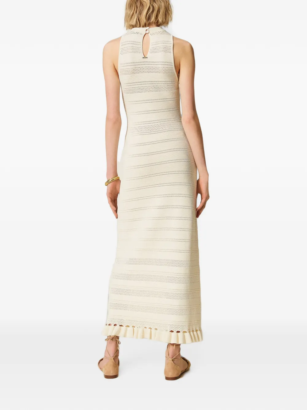 TWINSET Gebreide maxi-jurk met ruches en col Beige