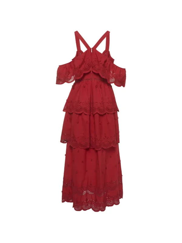 red lace tiered dress Red Lace Dress With Belted Layered Design