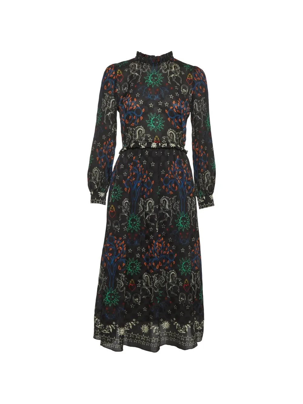 SANDRO ruffled-trim printed midi dress - Nero