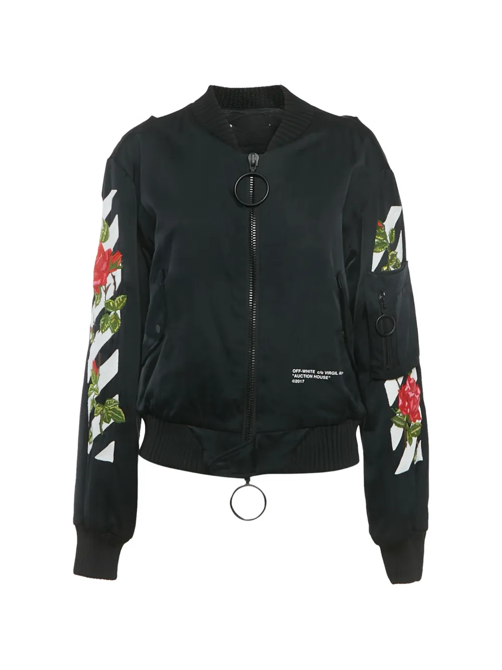 Pre-owned Off-white Arrow-detail Rose-embroidered Bomber Jacket In Black