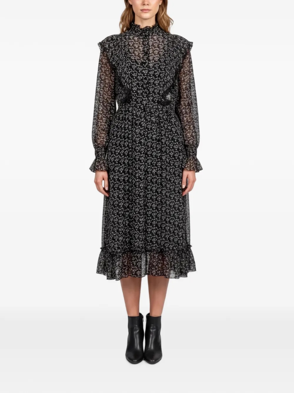 See by Chloé floral-print ruffle midi dress - Nero