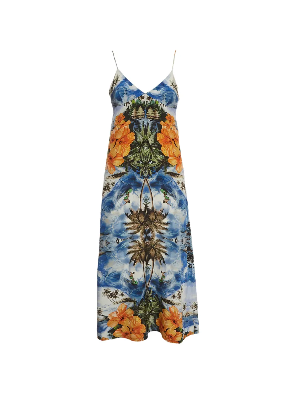 Pre-owned Stella Mccartney Hawaiian-print Silk Midi Dress In Blue