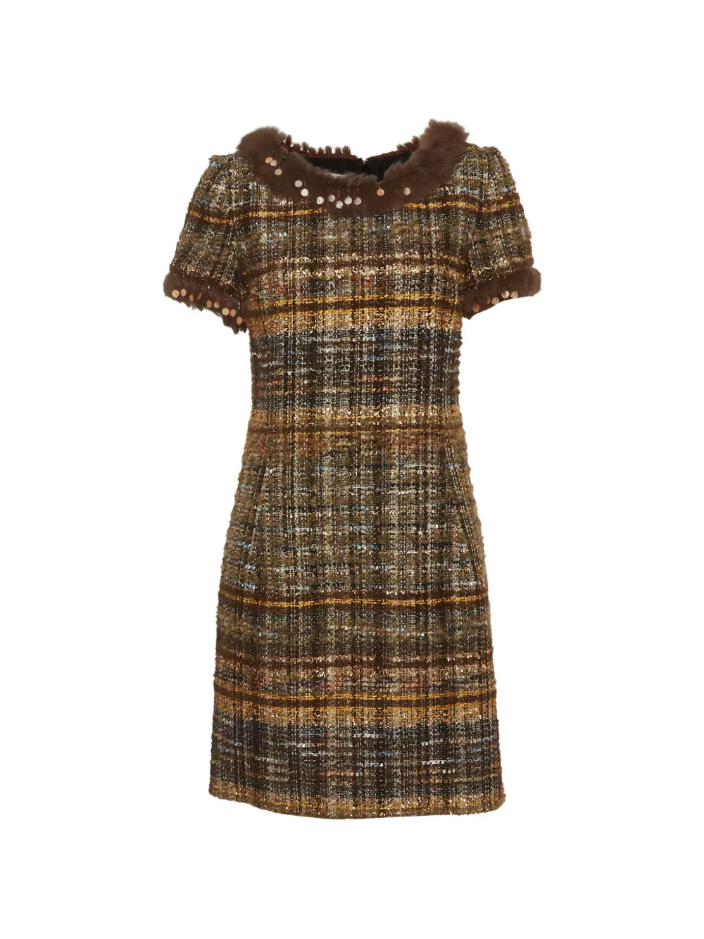Pre-owned Oscar De La Renta Embellished Tweed Mini Dress In Brown