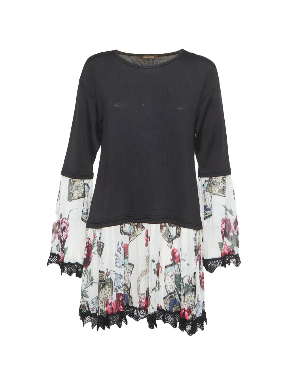 Roberto Cavalli Vintage plissé-knit floral-print mini dress - Nero