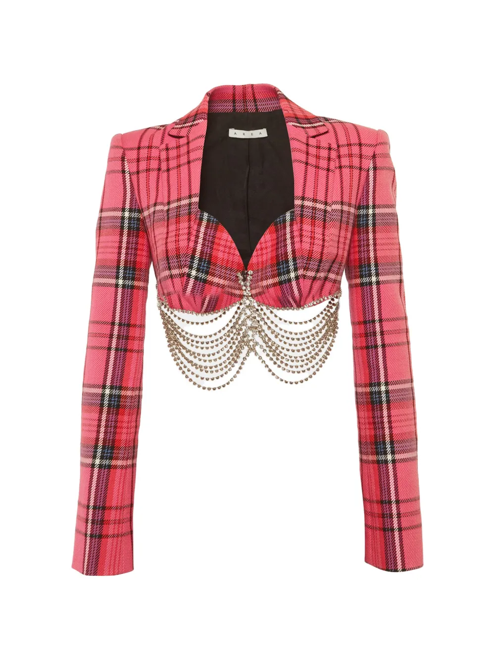 Pre-owned Area Plaid-pattern Crystal-link Chain-detailing Cotton Cropped Jacket In Pink