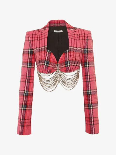 AREA plaid-pattern crystal-link chain-detailing cotton cropped jacket