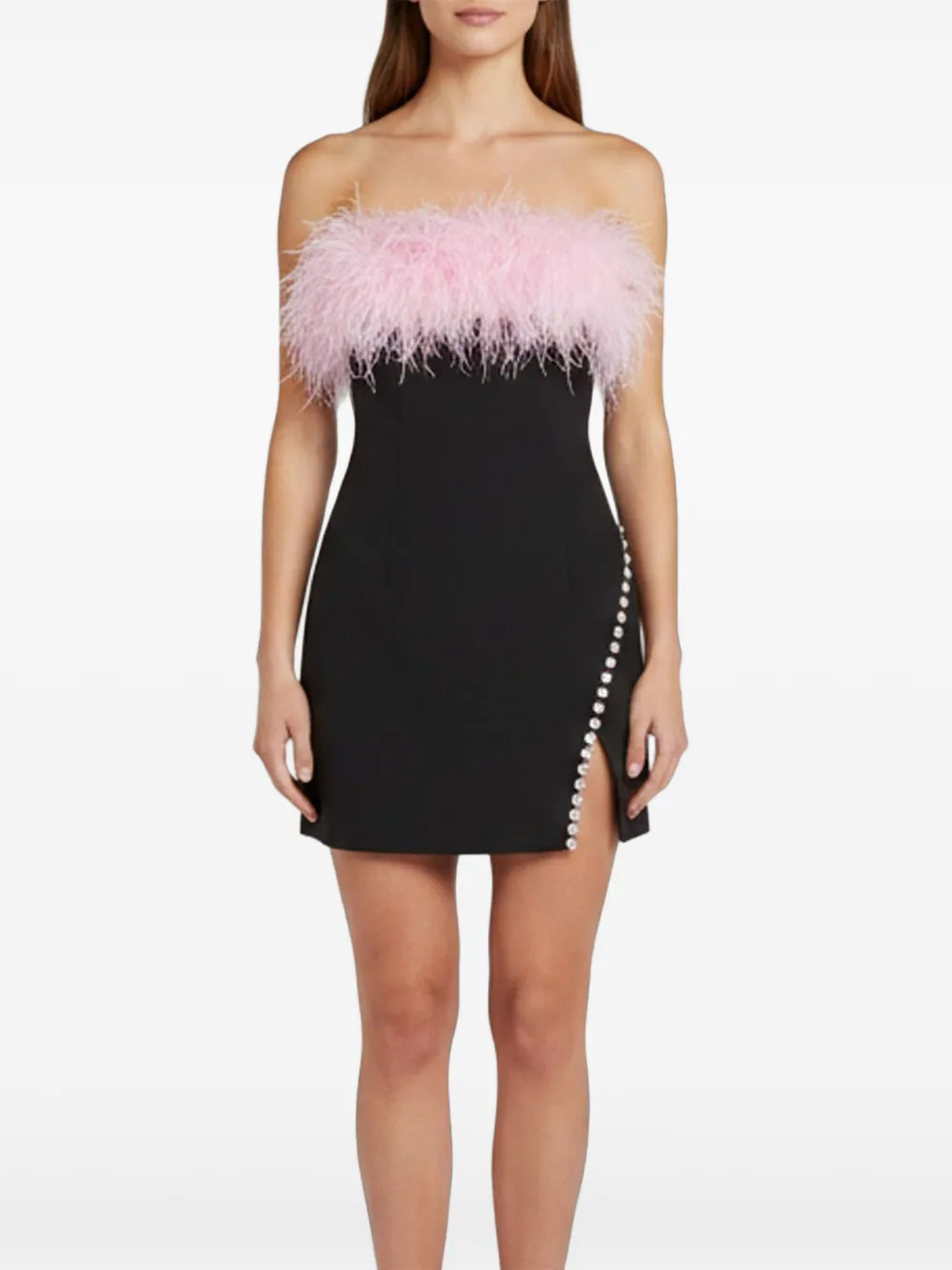 Self-Portrait feather-trim crystal-embellished dress - Black