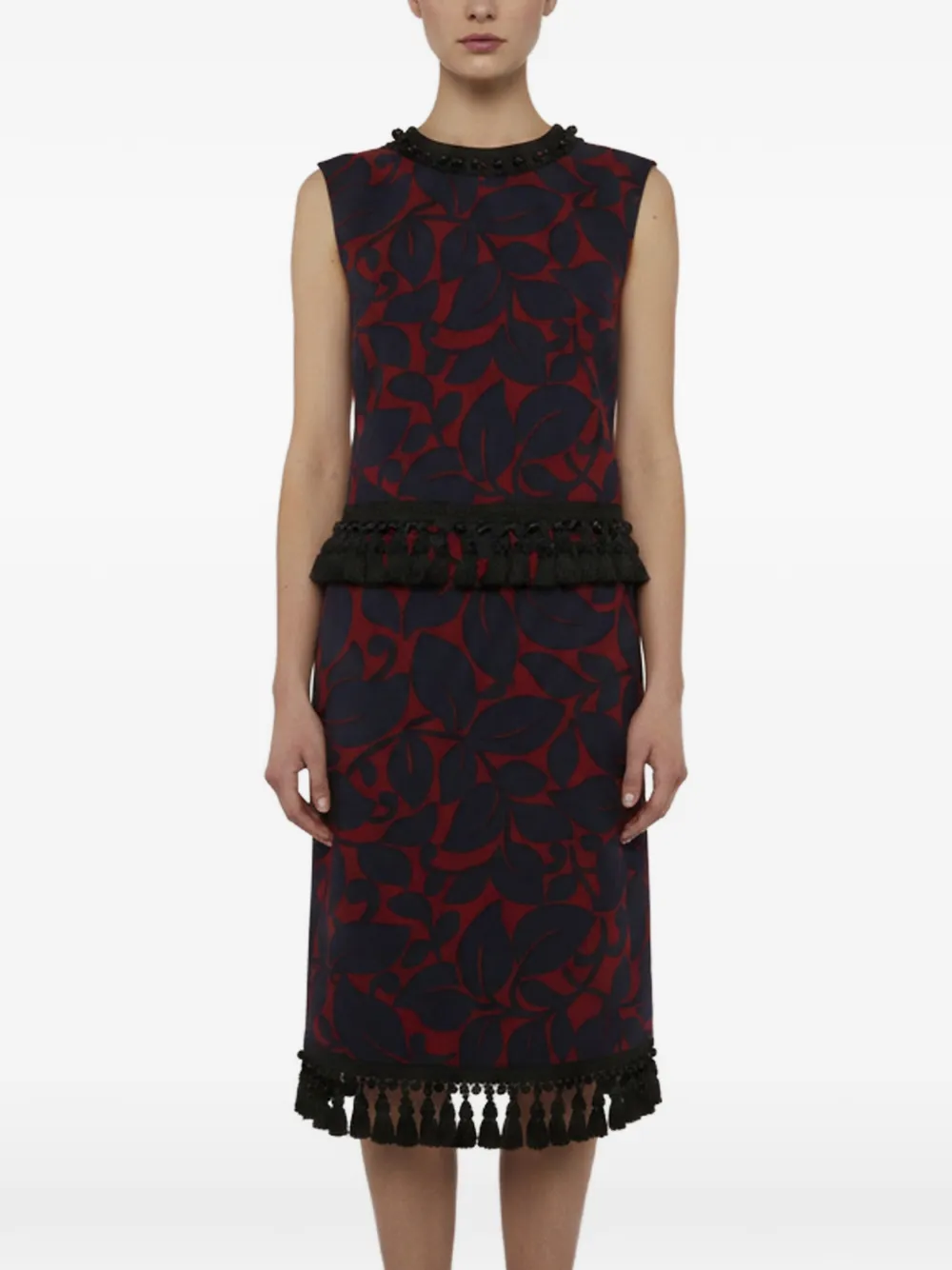 Pre-owned Marc Jacobs Vintage Leaf-print Tassel-detail Wool Midi Dress In Blue
