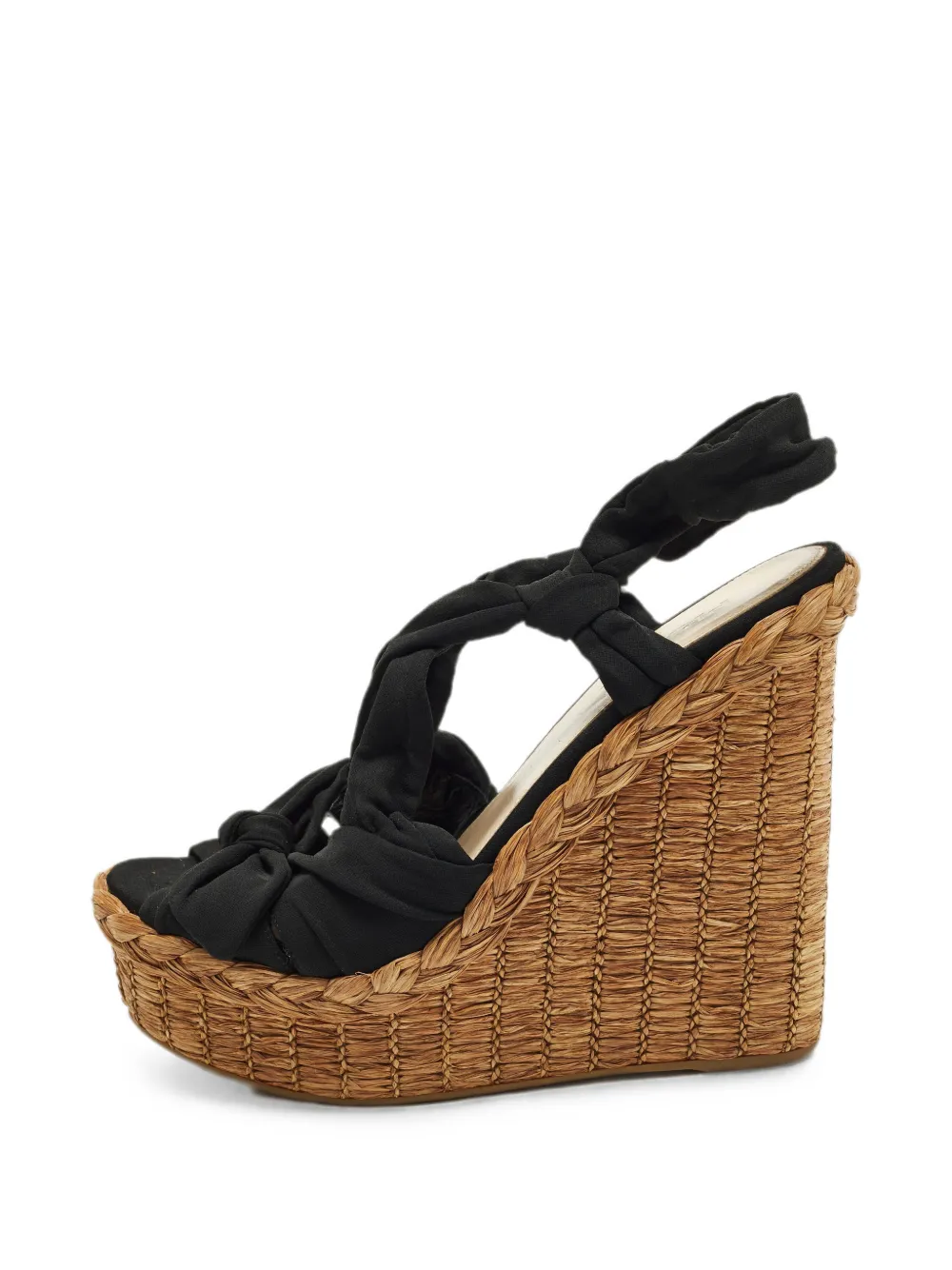 Pre-owned Prada Knot-detail Raffia Wedge Sandals In Black
