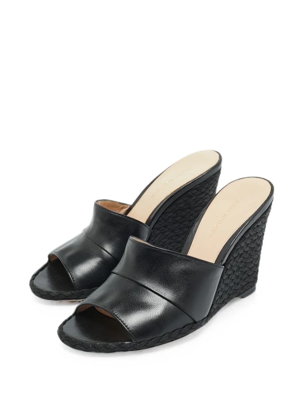 Pre-owned Stuart Weitzman Slidewalk Woven Wedge Sandals In Black