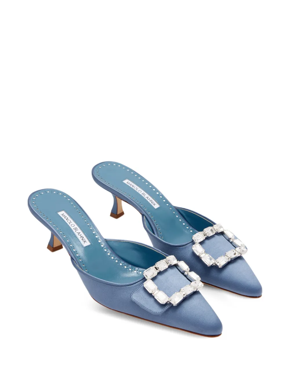 Manolo Blahnik Mayjou muiltjes met hak en kristallen gesp Blauw