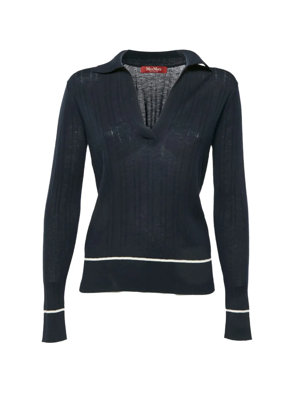Pre-owned Max Mara Polo-collar Ribbed Sweater In Blue